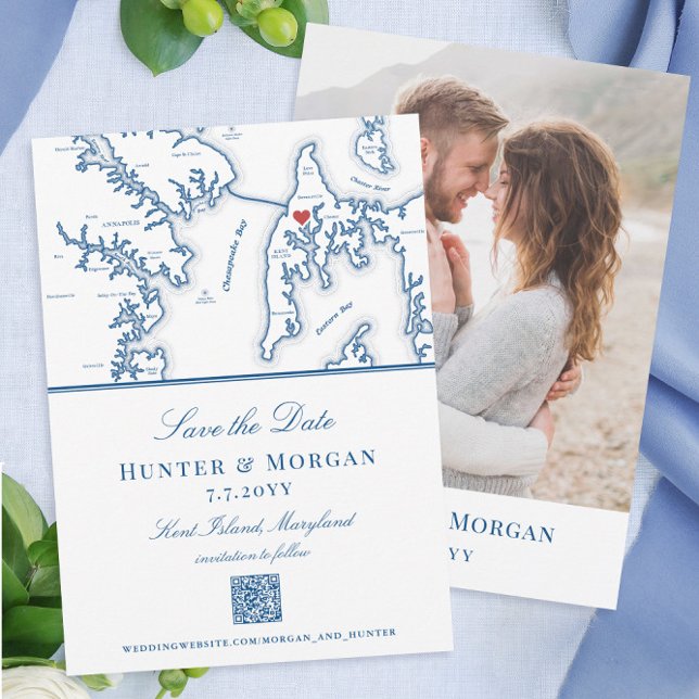Kent Island Maryland Destination Wedding QR-kod Spara Datumet (These elegant Kent Island Maryland destination wedding Save the Dates feature a QR code and photo)