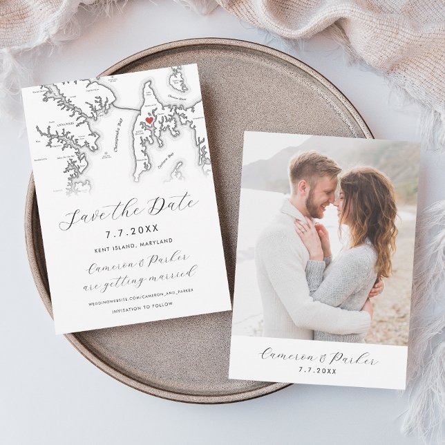 Kent Island Maryland Karta Black and White Photo Spara Datumet (Kent Island MD Map Save the Date with Photo in Elegant Modern Black and White from Coastal Map Desig)