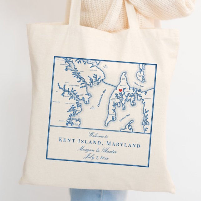Kent Island Maryland Karta Bröllop Välkommen Tygkasse (These Kent Island Destination Wedding tote bags are perfect wedding favors for your Maryland wedding)