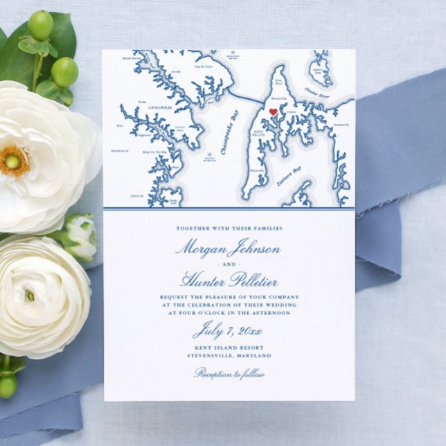 Kent Island Maryland Karta Destination Wedding Inbjudningar (These Kent Island Maryland map wedding invitations are perfect for your destination wedding)