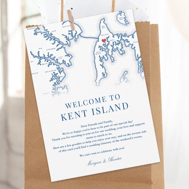 Kent Island MD Navy Blue Bröllop Välkomsthälsning  Tack Kort (Kent Island MD Map Wedding Welcome Letter and Weekend Events Itinerary in Elegant Navy Blue)