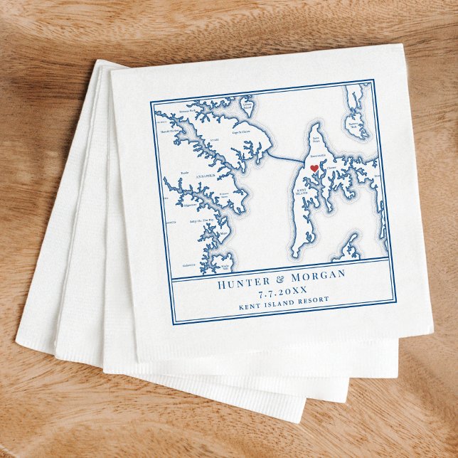 Kent Island Stevensville Maryland Karta Bröllop Pappersservett (These Kent Island map napkins are perfect for your Kent Island Maryland destination wedding)