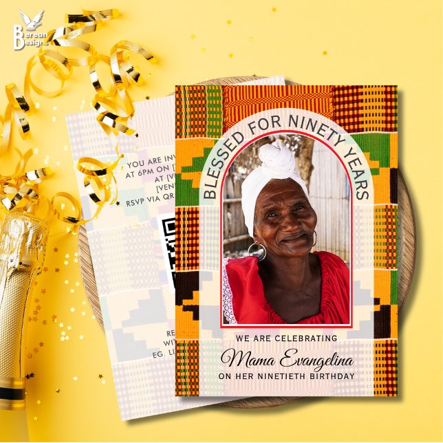 Kente Foto BLESSAD 90-ÅRSDAG Inbjudningar (BLESSED FOR NINETY YEARS ethnic kente photo design for 90th birthday celebrations)