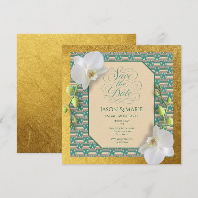 Kente Save the Date-inbjudan Teal & Guld Inbjudningar (Fram/baksida)
