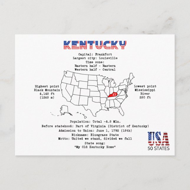 Kentucky American State på karta och användbar inf Helg Vykort (Framsida)