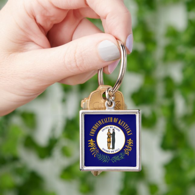 Kentucky: Bluegrass Commonwealth US delstatsflagga Fyrkantig Silverfärgad Nyckelring (Hand)