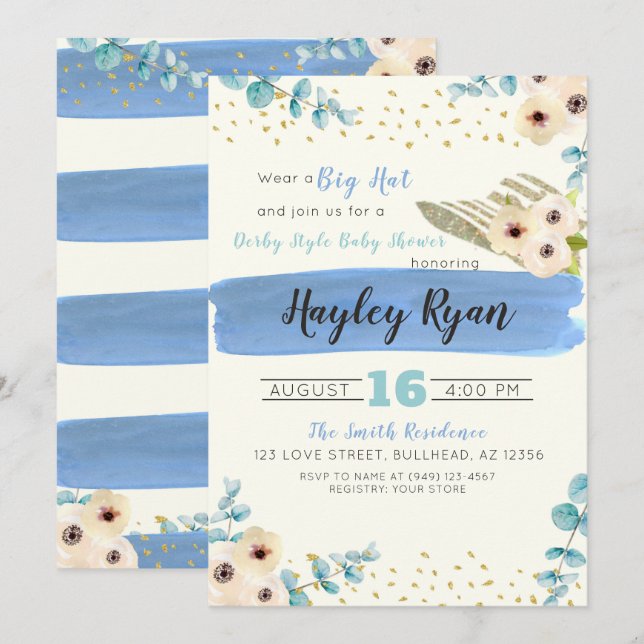 Kentucky Derby Big Hat Eucalyptus Boy Shower Inbjudningar (Fram/baksida)