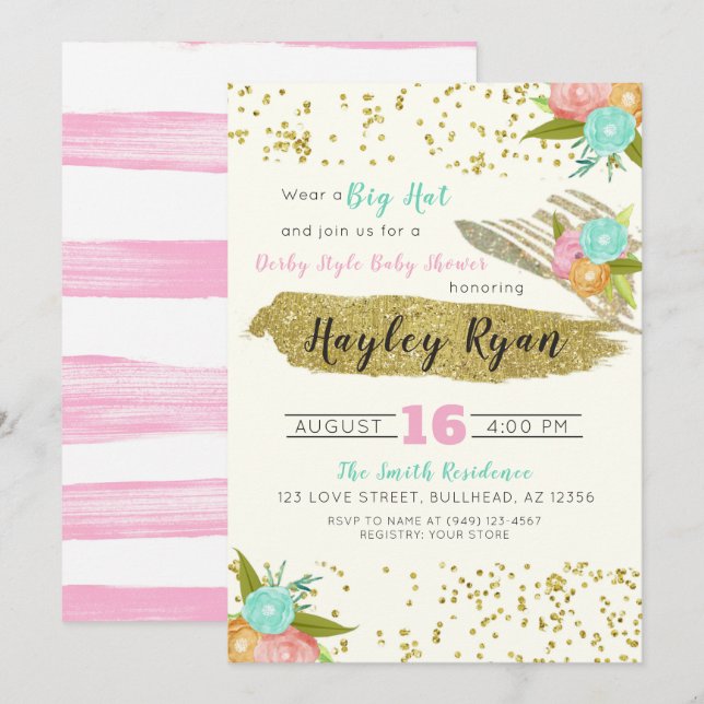 Kentucky Derby Big Hat Rosa & Mint Baby Shower Inbjudningar (Fram/baksida)
