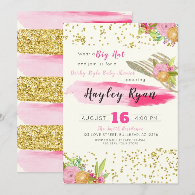 Kentucky Derby Big Hat Watercolor Baby Shower Inbjudningar (Fram/baksida)