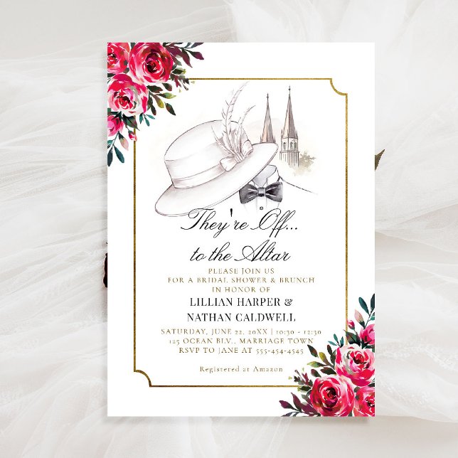 Kentucky Derby Bröllop Möhippa Ro Ram Inbjudningar (kentucky derby bridal shower invitation red roses churchill spires horse racing theme gold frame)