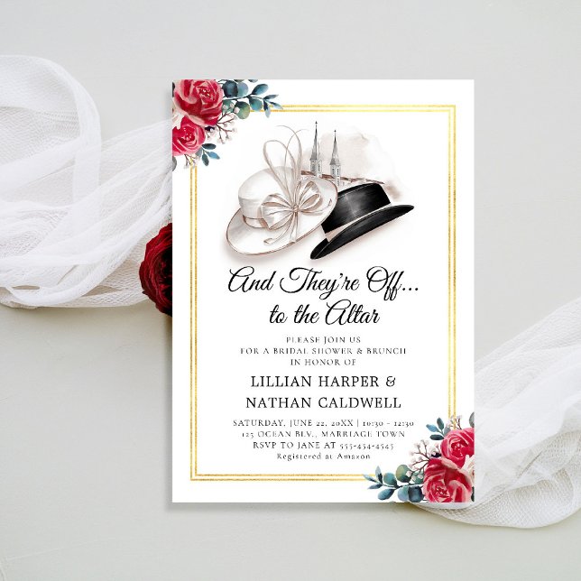 Kentucky Derby Hats Möhippa Dubbla Ram Inbjudningar (kentucky derby bridal shower invitation wedding red roses churchill spires horse racing double frame)