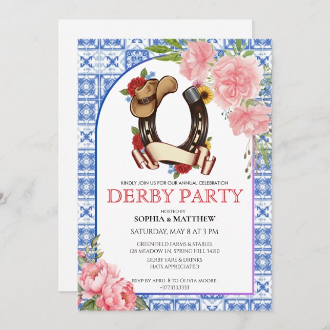 Kentucky Derby Wedding Invitation Floral Blue Inbjudningar (Fram/baksida)