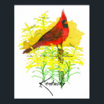 Kentucky State Shape Cardinal Bird Goldenrod Poster<br><div class="desc">A Kentucky themed poster print decorated with a bright red cardinal bird perched on a fence post in a patch of vibrant yellow goldenrod over the state shape hand drawn with ink and painted with watercolor. Inspired by the state bird and state flower of Kentucky. Great college dorm room decor...</div>