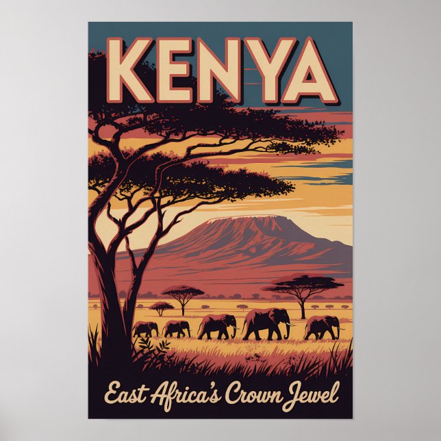 Kenya Elefanter Illustration Resa Konst Vintage Poster (Framsidan)