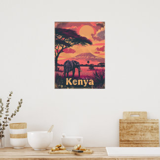 Kenya Elephant Sunset Poster