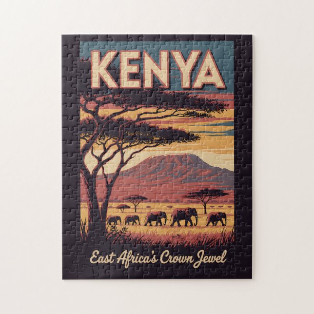 Kenya Elephants Illustration Travel Art Vintage Pussel (Vertikal)