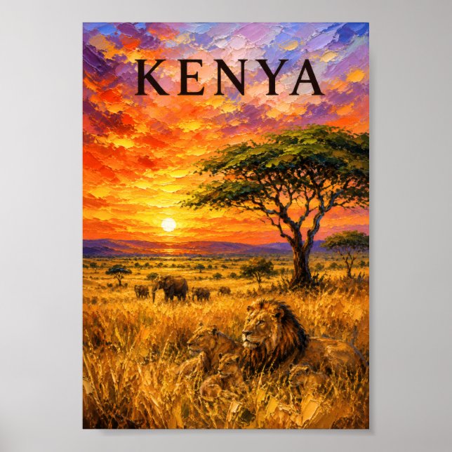 Kenya: Fiery Sunset Safari Art Souvenir Poster (Framsidan)