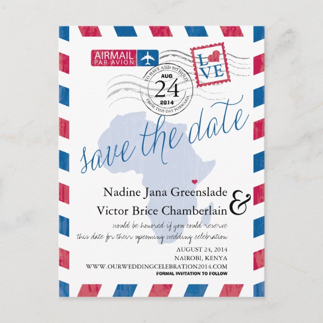KENYA South Afrika Airmail Bröllop spara datum Meddelande Vykort (Framsida)