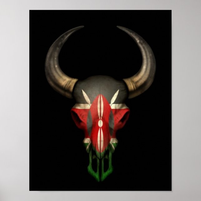 Kenyan Flagga Bull Skull on Black Poster (Framsidan)