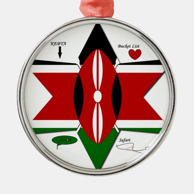 Kenyan Flagga Safari Design: Bucket List Julgransprydnad Metall (Framsidan)