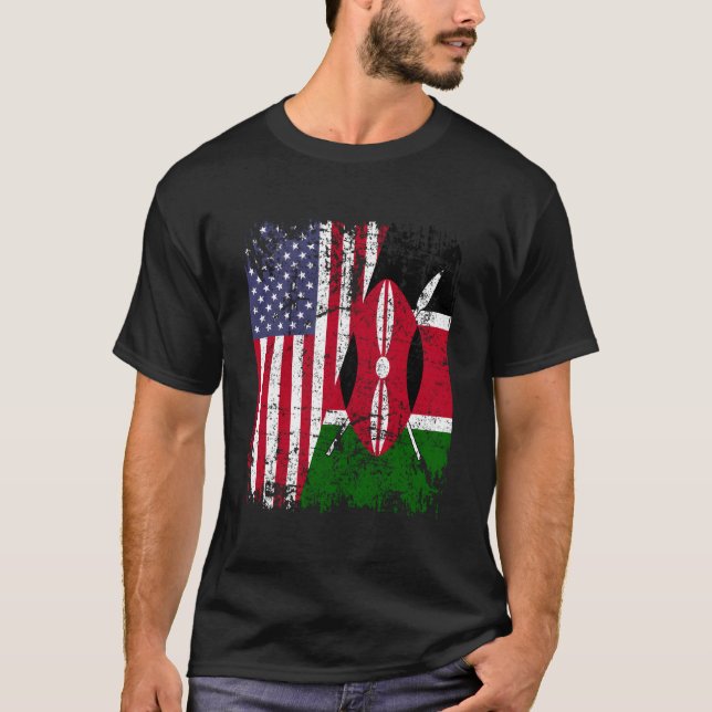 Kenyan Roots Half American Flag Kenya T Shirt (Framsida)