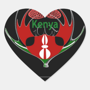 Kenyan Shield Design: Butterfly Flagga. Hjärtformat Klistermärke