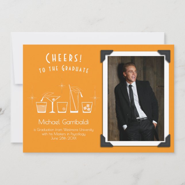 Keps och Cocktail-utexamensavis Orange Inbjudningar (Framsida)