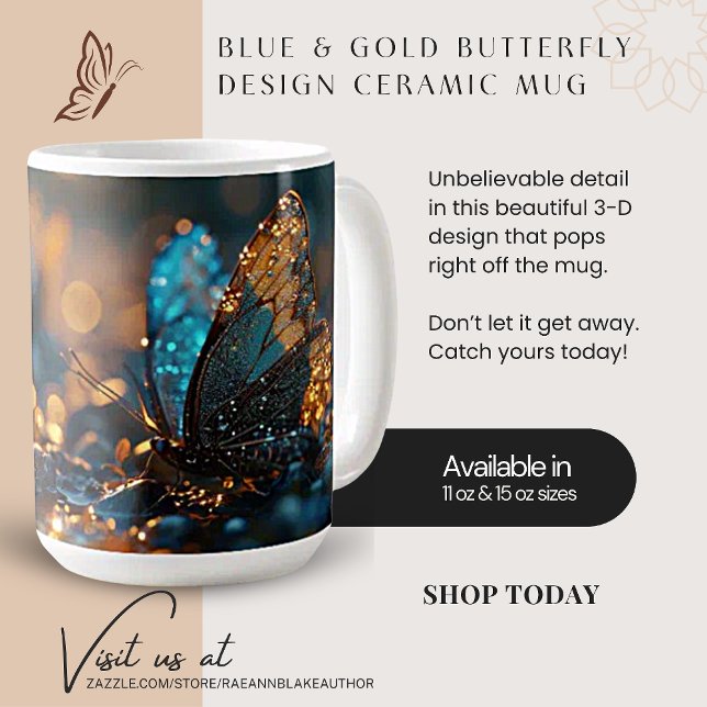 Keramikkopp med blå och gul fjärilsdesign kaffemugg (Skapare uppladdad)