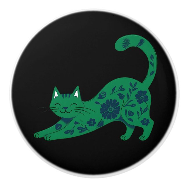 Keramisk Draghandtag Grön Blommig Katt Knopp (Framsidan)