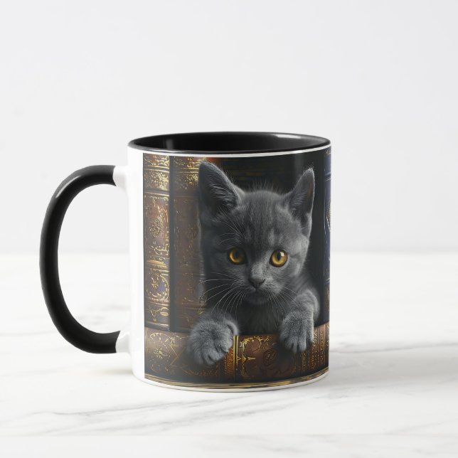 Keramisk kaffekopp | Chartreux-kattunge och böcker (Vänster)