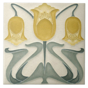Keramisk kakel - Art Nouveau Blommig Gul Biege