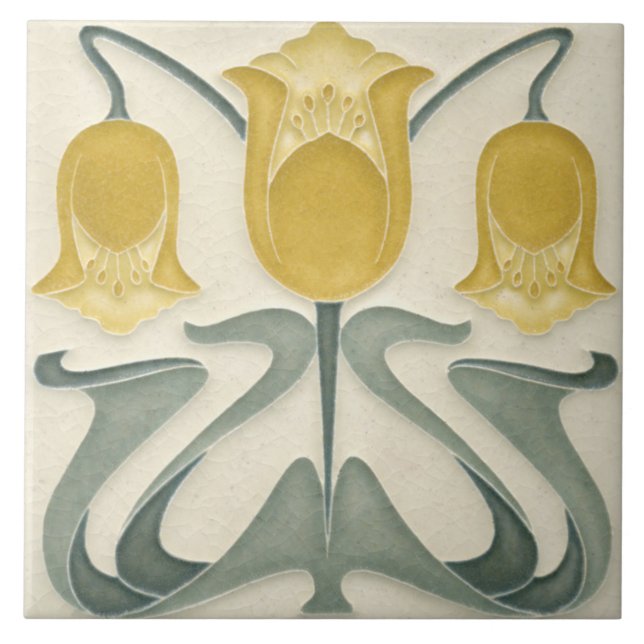 Keramisk kakel - Art Nouveau Blommig Gul Biege (Framsidan)