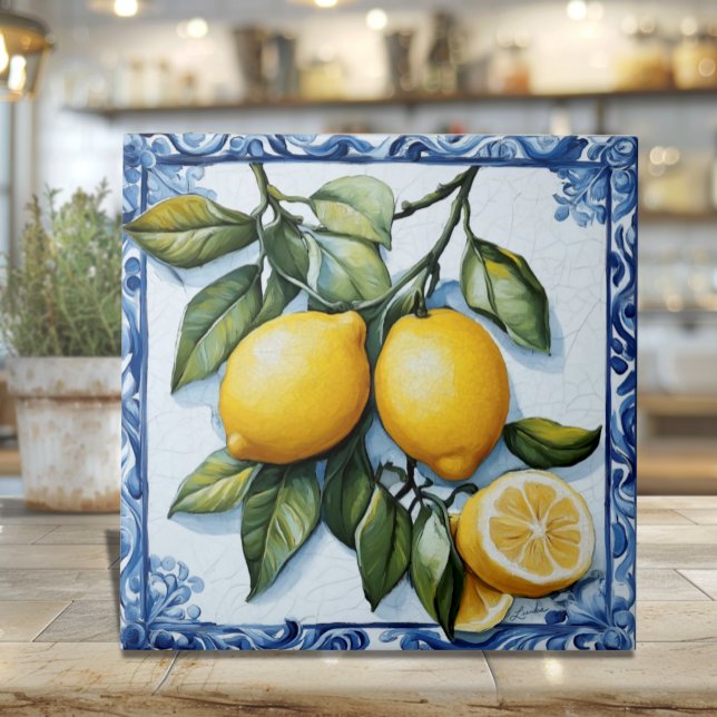 Keramisk kakel i citronfärg med klassisk blå kant (Classic blue border Italian Lemons and Leaves Ceramic Tile)
