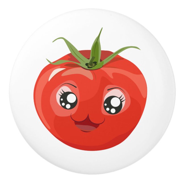 Keramisk knopp för röd kawaiitomatvit (Framsidan)
