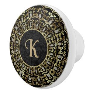 Keramisk knopp från guld & Black Ornate Ram