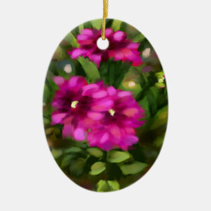 Keramisk oval Ornament w/Mörk Rosa Dahlia Artwork