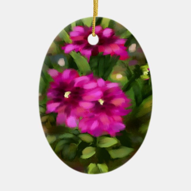 Keramisk oval Ornament w/Mörk Rosa Dahlia Artwork (Framsidan)