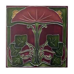 Keramisk platta - Art Nouveau Blommig Röd Grön Kakelplatta