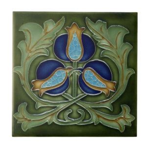 Keramisk platta - Art Nouveau blommor blågrön Kakelplatta