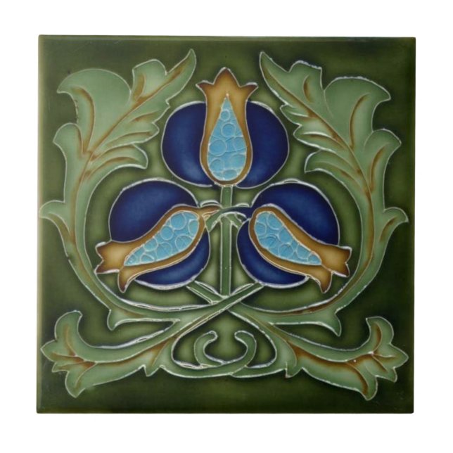 Keramisk platta - Art Nouveau blommor blågrön Kakelplatta (Framsidan)