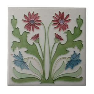 Keramisk platta - Art Nouveau röd & blå blomplatta Kakelplatta