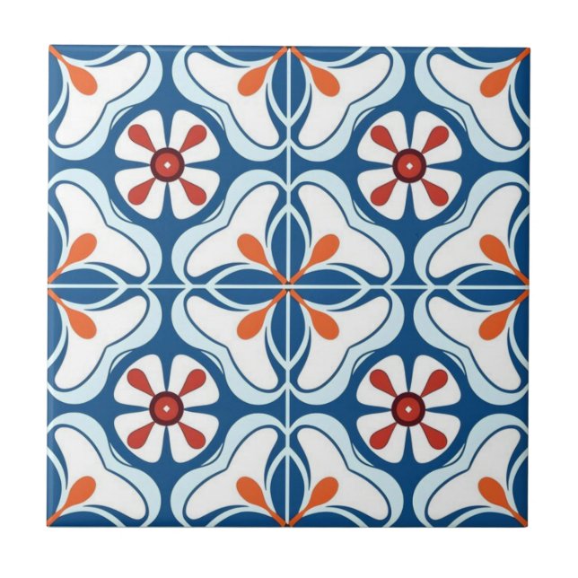 Keramisk platta - Azulejo Orange Blå Vit Kakelplatta (Framsidan)