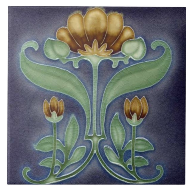Keramisk platta - Blå, grön och brun blomplatta Kakelplatta (Framsidan)