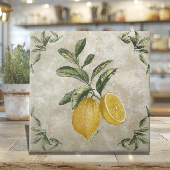 Keramisk platta med vintage citroner kakelplatta (Rustic Vintage Italian Lemons Ceramic Tile)