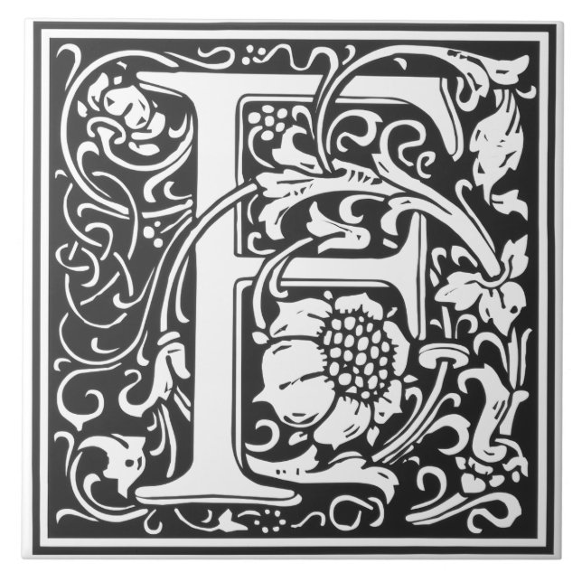 Keramisk platta - Monogram alfabet F svart vit Kakelplatta (Framsidan)