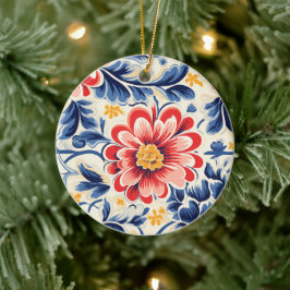 Keramisk prydnad med stor, röd och rosa blomma julgransprydnad keramik
