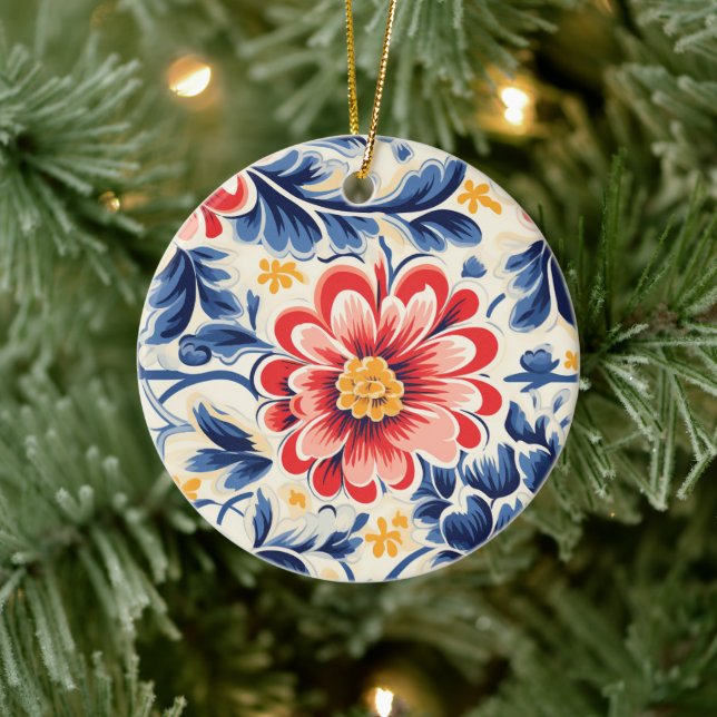 Keramisk prydnad med stor, röd och rosa blomma julgransprydnad keramik (Träd)