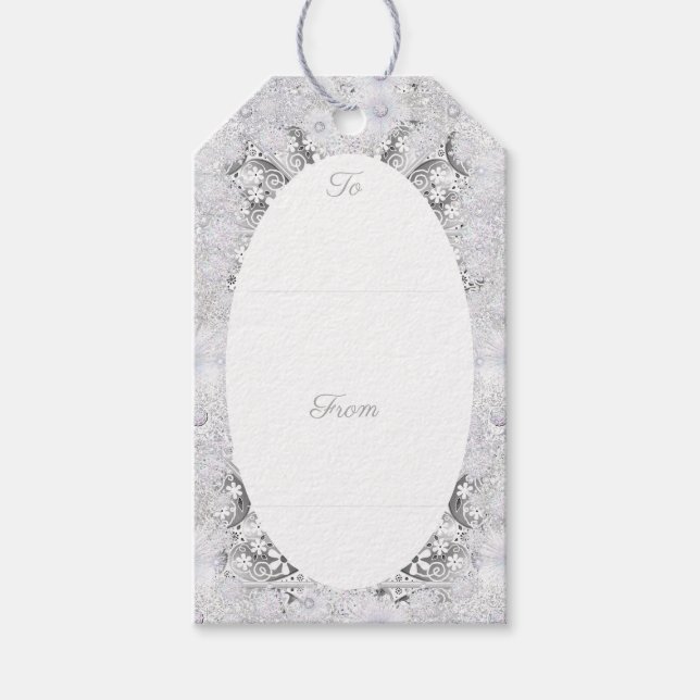 Keramisk snöre grått och snöflake presentetikett (Framsidan)