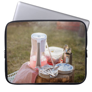 Keramisk tallrikar och pitcher av silver och blå b laptop fodral