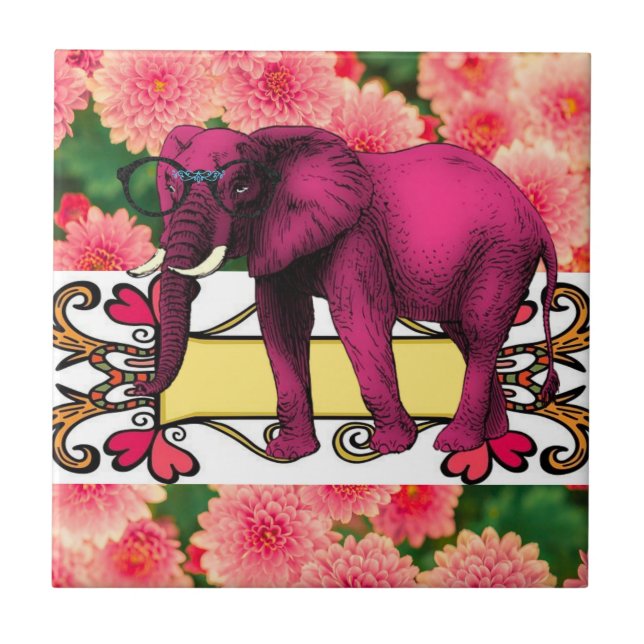 Keramisk Vit Blommig Elefant Kakelplatta (Framsidan)